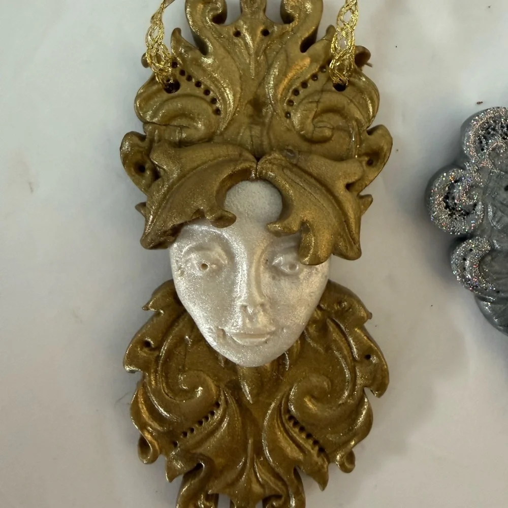 Set of 3 Polymer Hand crafted holiday Mask & faces Ornaments drama gold silver